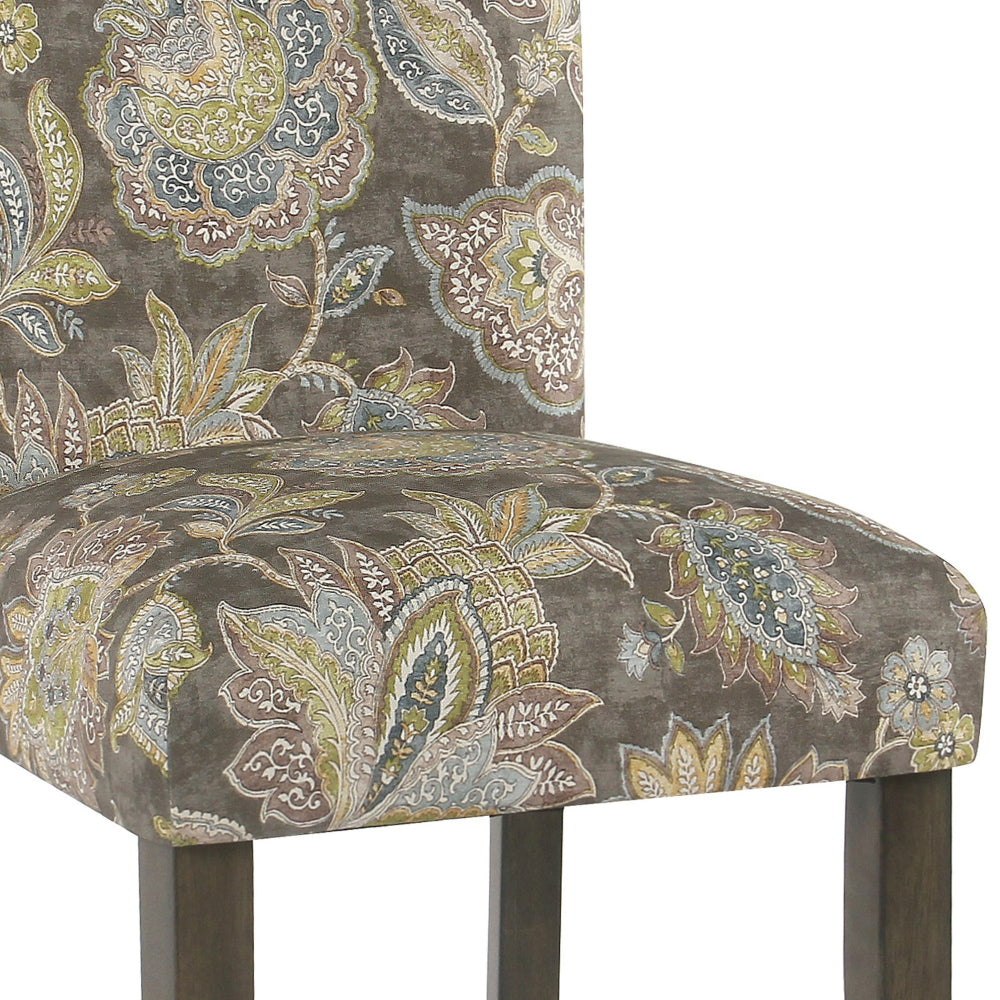 BM196083 - Floral Print Fabric Upholstered Parsons Chair with Wooden Legs, Multicolor, Set of Two