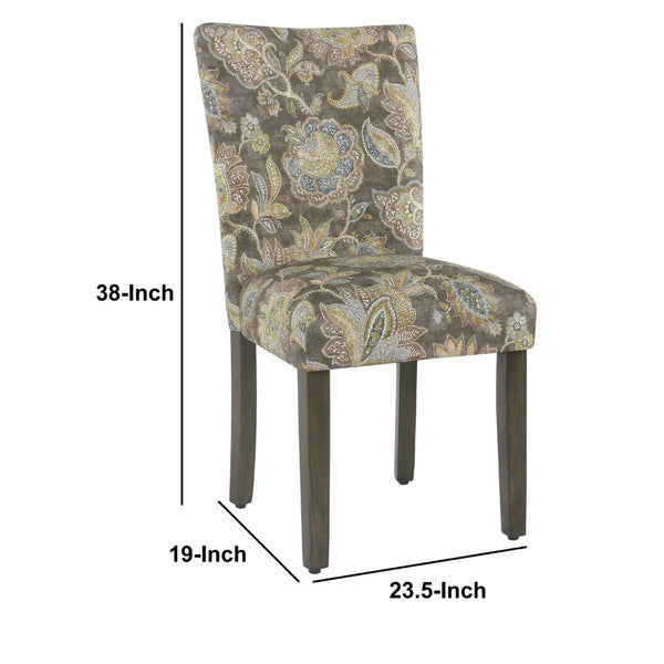 BM196083 - Floral Print Fabric Upholstered Parsons Chair with Wooden Legs, Multicolor, Set of Two