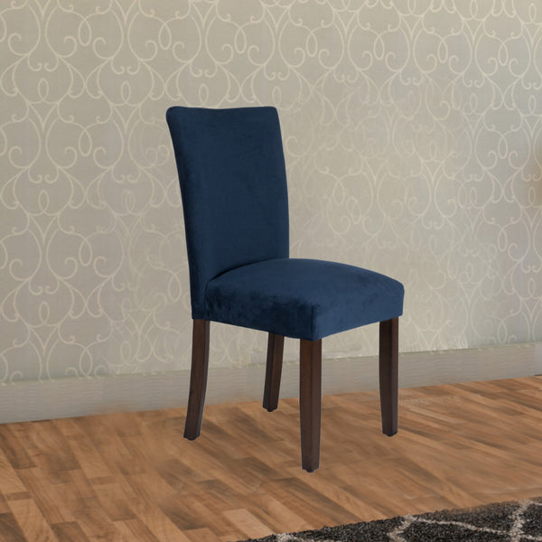 BM196086 - Velvet Upholstered Parsons Dining Chair with Wooden Legs, Navy Blue and Brown, Set of Two