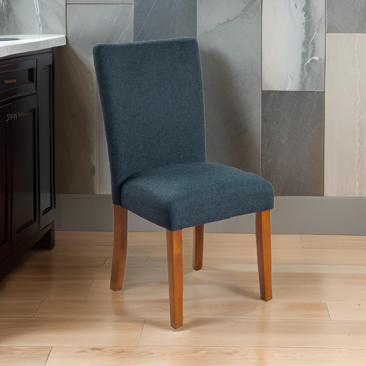 BM196091 - Fabric Upholstered Parson Dining Chair with Wooden Legs, Navy Blue and Brown, Set of Two