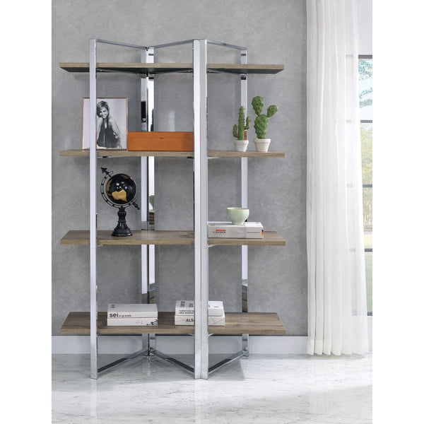 Geometric Metal Framed Bookshelf with Four Open Wooden Shelves, Brown and Silver - BM196196
