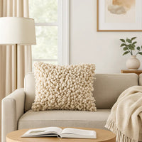Fabric Accent Pillow with Shaggy Details, Cream - BM196293