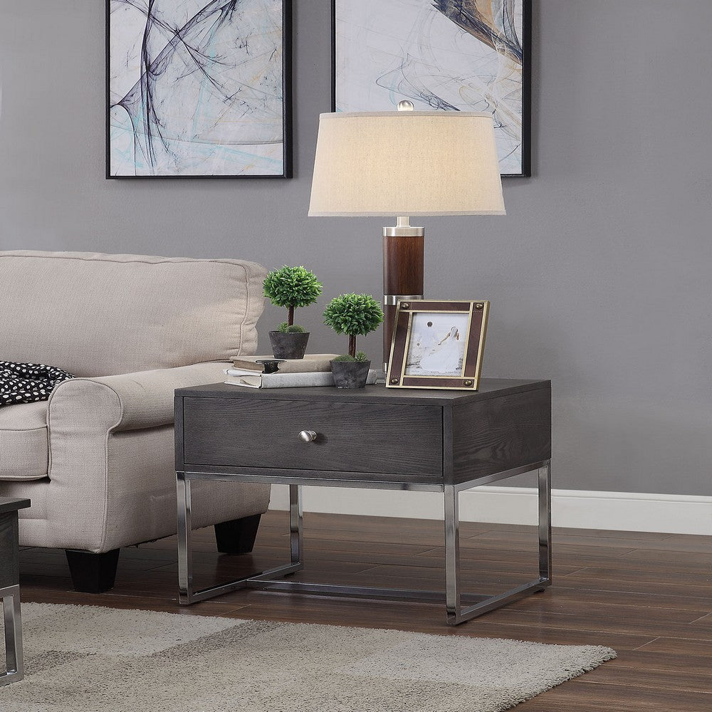 Wooden End Table with Tubular Metal Base and Spacious Drawer, Gray and Silver - AMF-81172