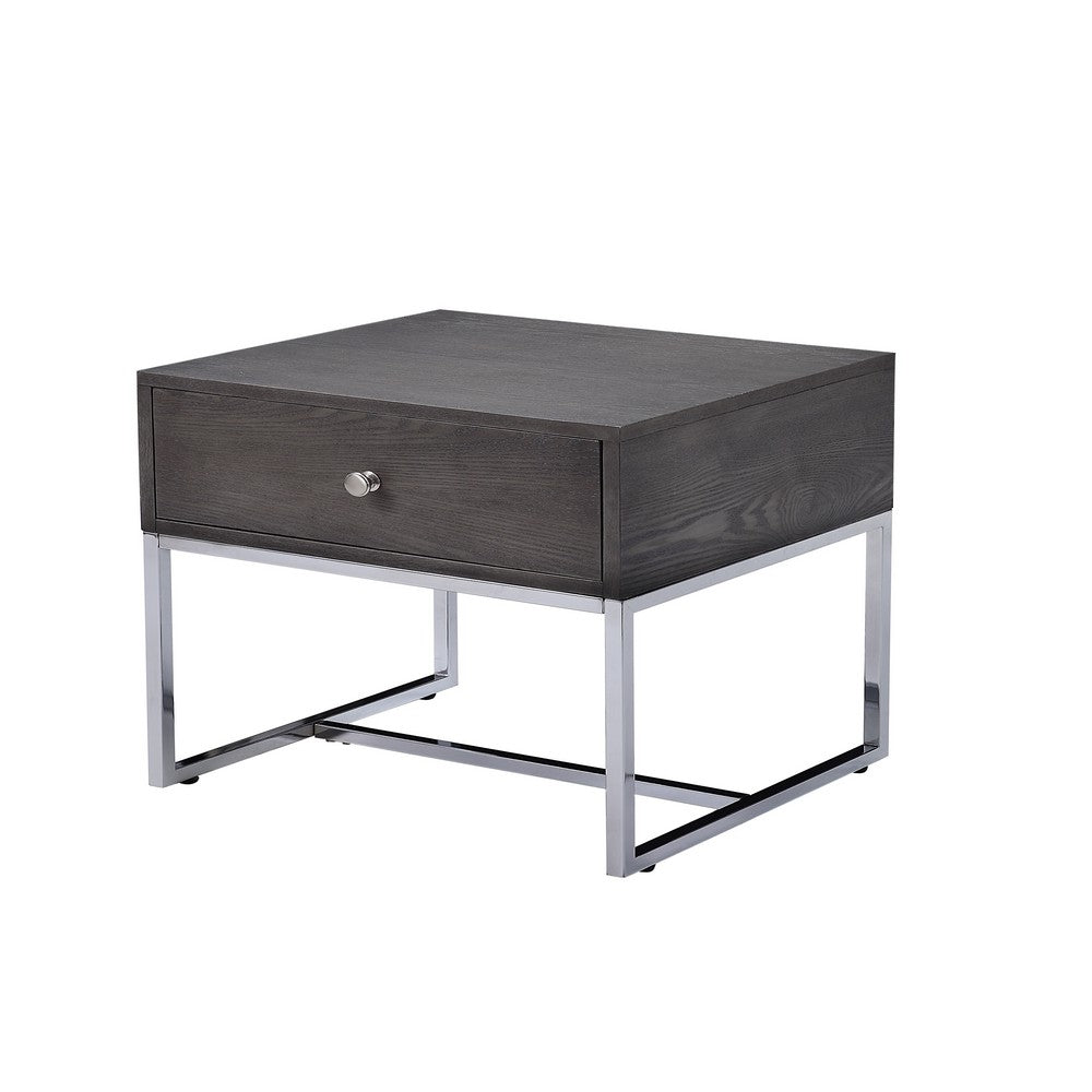 Wooden End Table with Tubular Metal Base and Spacious Drawer, Gray and Silver - AMF-81172