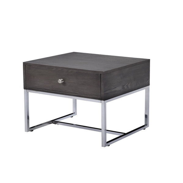 Wooden End Table with Tubular Metal Base and Spacious Drawer, Gray and Silver - AMF-81172