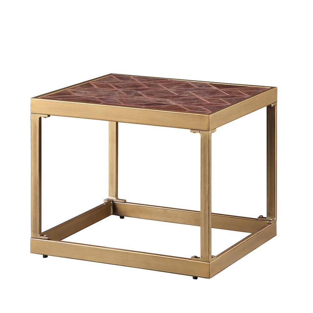Retro Style Metal Frame End Table with Stitched Leather Top, Brown and Gold - AMF-82312