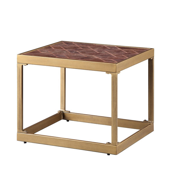 Retro Style Metal Frame End Table with Stitched Leather Top, Brown and Gold - AMF-82312