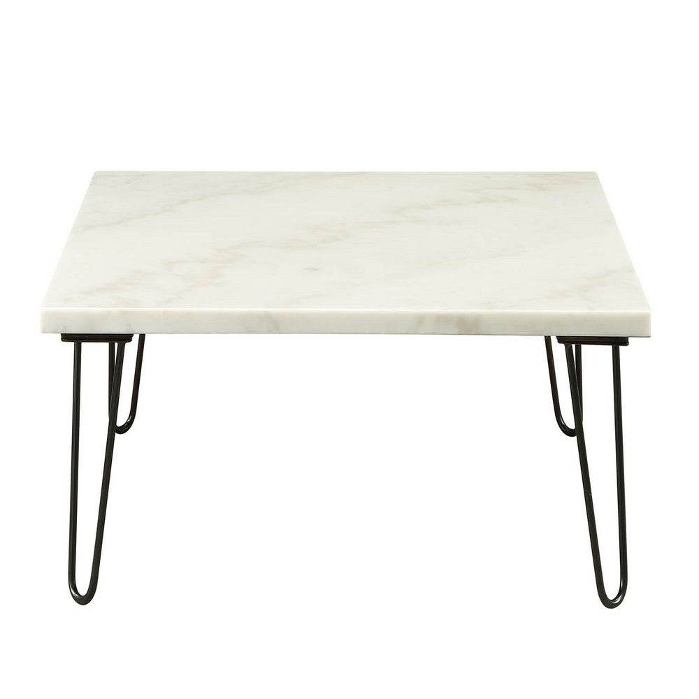 Marble Top Coffee Table with Hairpin Style Metal Legs, White and Black - AMF-84500
