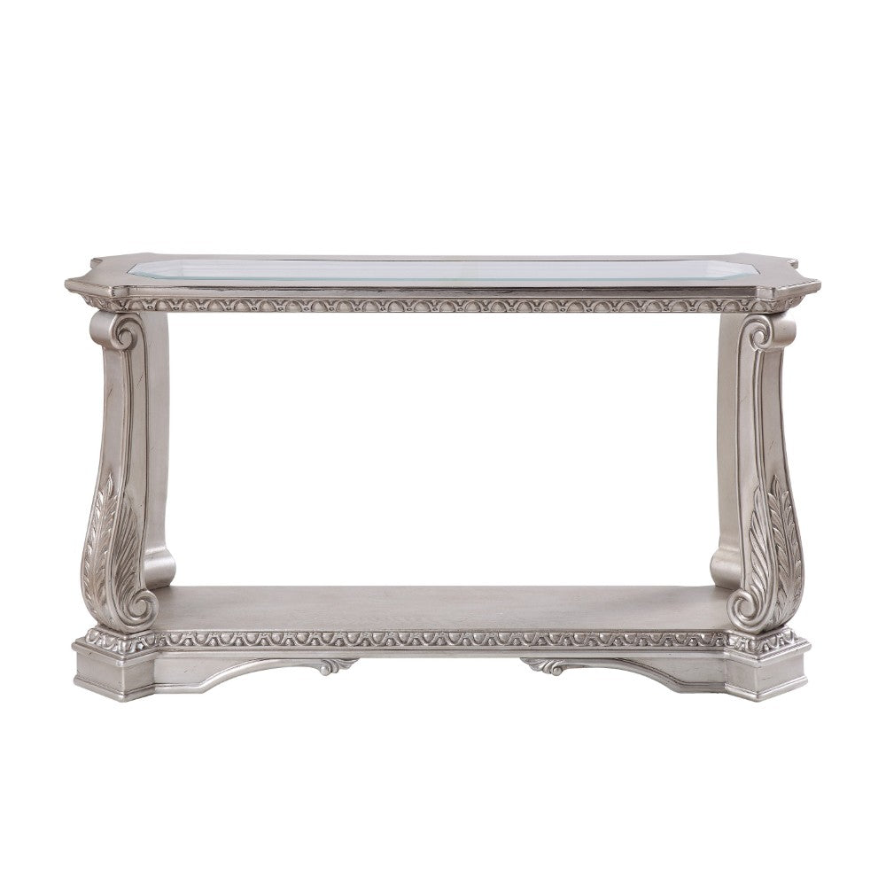 Antique Sofa Table with Polyresin Engravings and Clear Glass Top, Silver and Clear BM196704