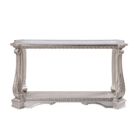 Antique Sofa Table with Polyresin Engravings and Clear Glass Top, Silver and Clear BM196704
