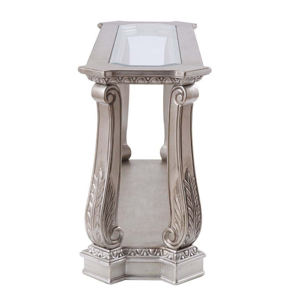 Antique Sofa Table with Polyresin Engravings and Clear Glass Top, Silver and Clear BM196704