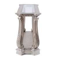 Antique Sofa Table with Polyresin Engravings and Clear Glass Top, Silver and Clear BM196704