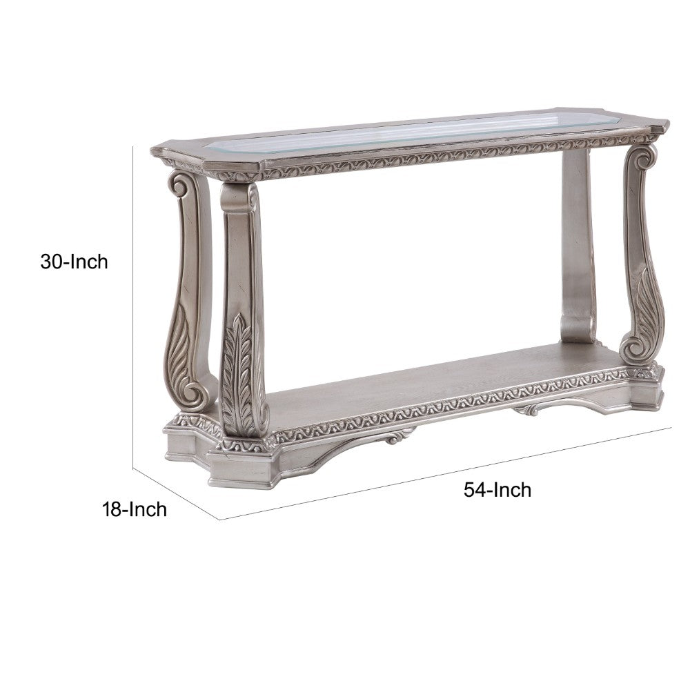 Antique Sofa Table with Polyresin Engravings and Clear Glass Top, Silver and Clear BM196704