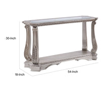 Antique Sofa Table with Polyresin Engravings and Clear Glass Top, Silver and Clear BM196704