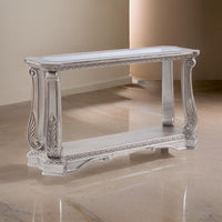 Antique Sofa Table with Polyresin Engravings and Clear Glass Top, Silver and Clear BM196704