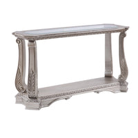 Antique Sofa Table with Polyresin Engravings and Clear Glass Top, Silver and Clear BM196704