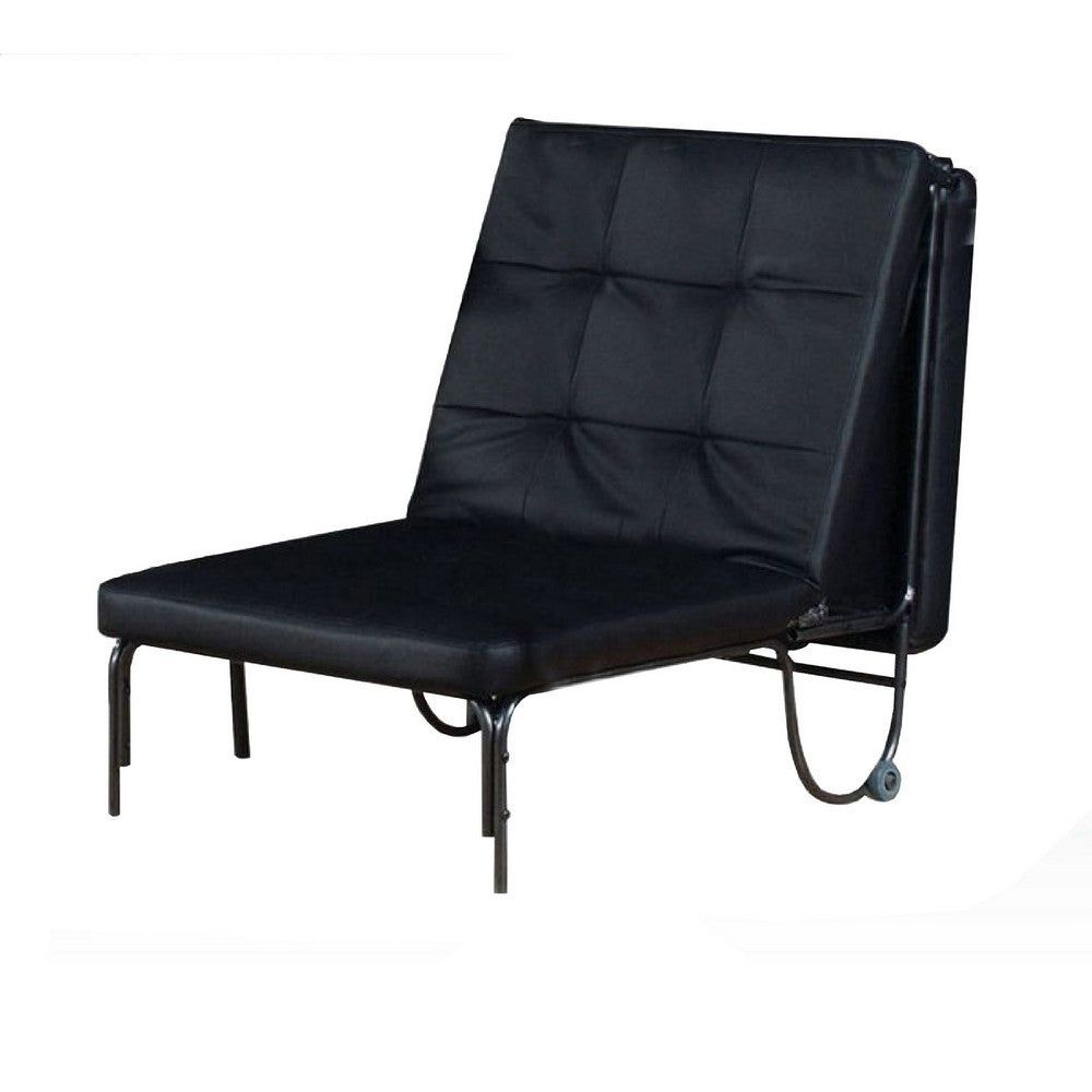 Adjustable Metal Futon with Faux Leather Upholstered Tufted Details and Casters, Black - AMF-37276