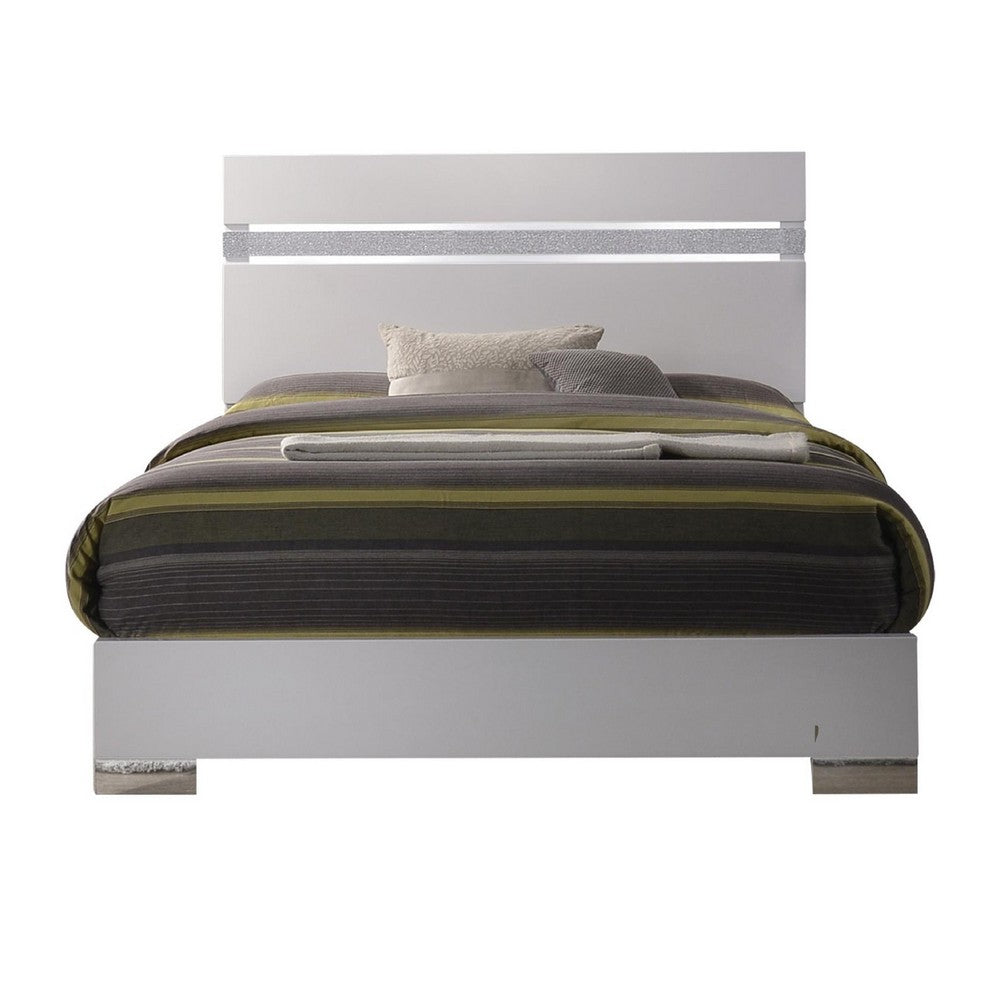 Wooden queen size bed with block legs and Crystal Accented Headboard, White - AMF-26770Q