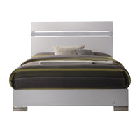 Wooden queen size bed with block legs and Crystal Accented Headboard, White - AMF-26770Q