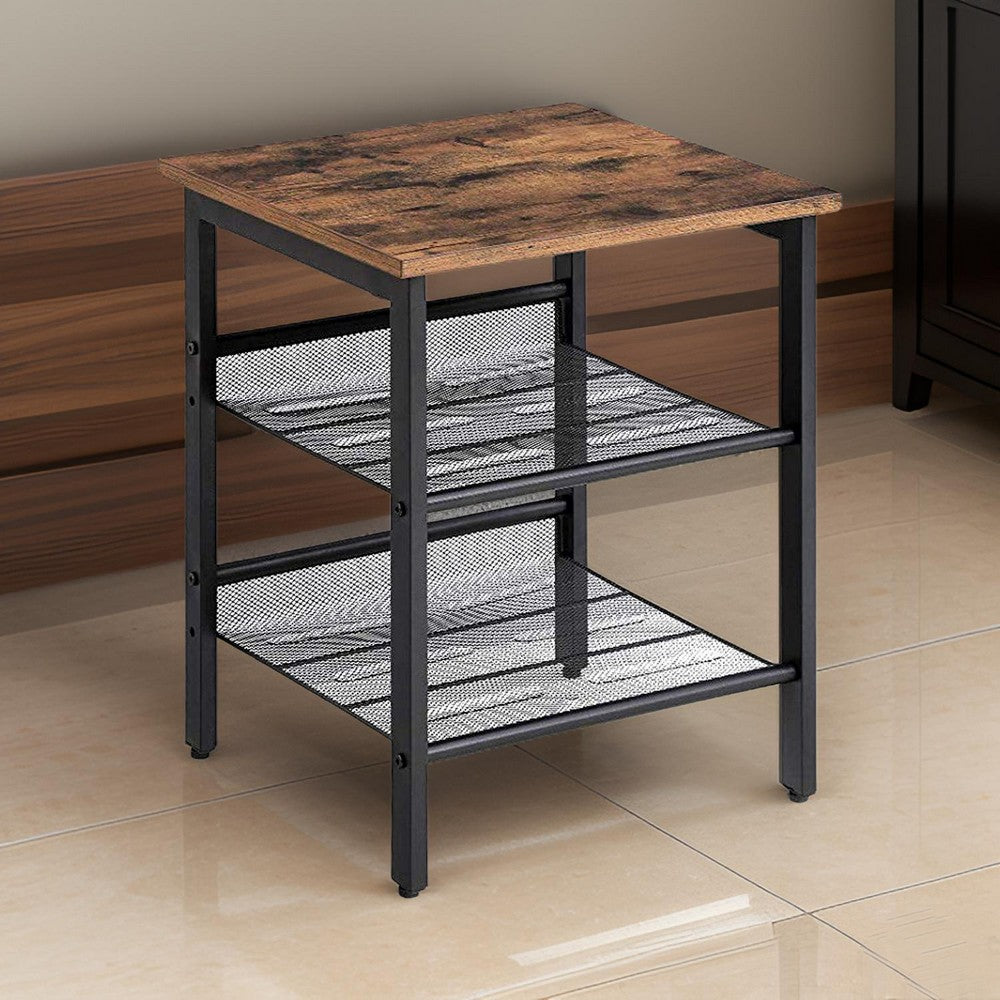 Wooden Side Table with Metal Mesh Shelves, Set of 2, Black and Brown - BM197492