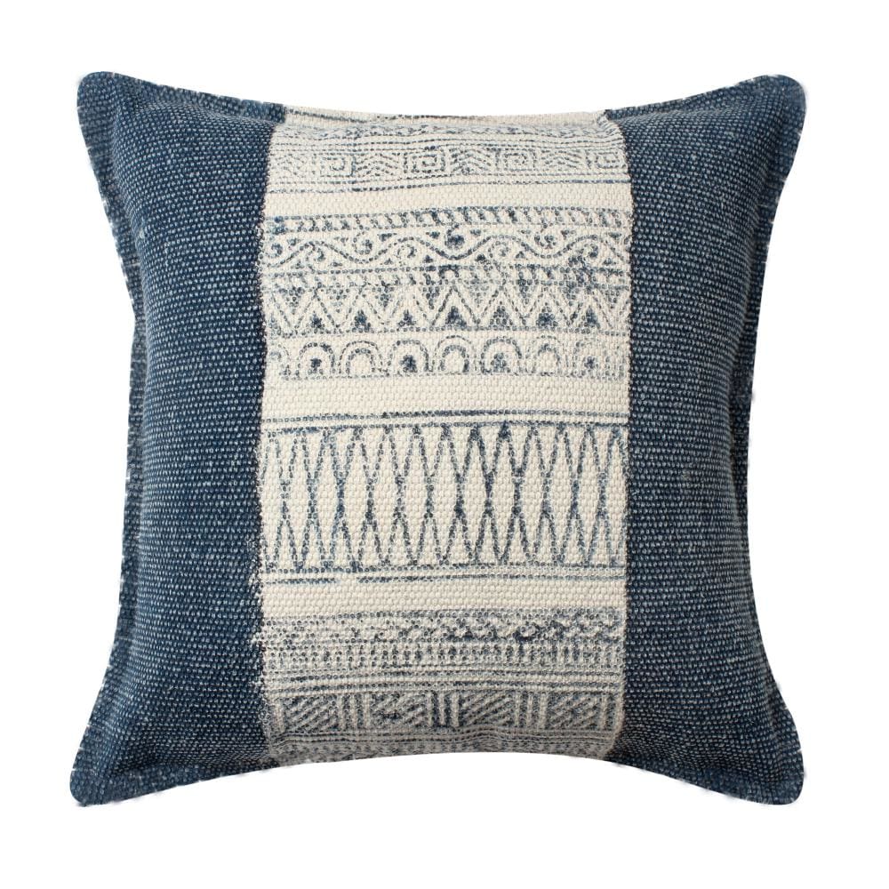 18 x 18 Square Handwoven Accent Throw Pillow, Polycotton Dhurrie, Kilim Pattern, Set of 2, White, Blue By The Urban Port