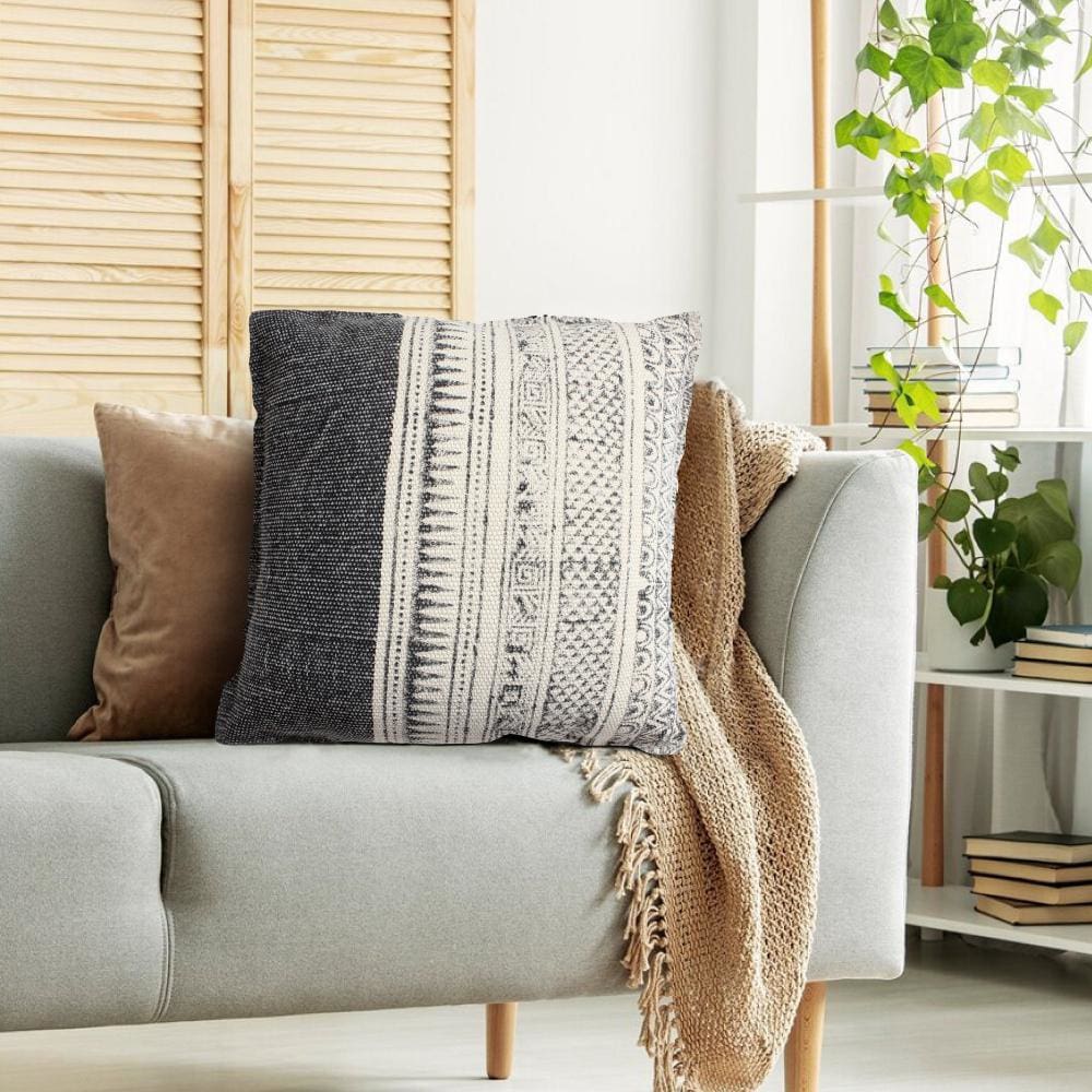 benzara 18 x 18 Square Handwoven Accent Throw Pillow Polycotton Dhurrie Kilim Pattern Front Set of 2 White Gray By The Urban Port