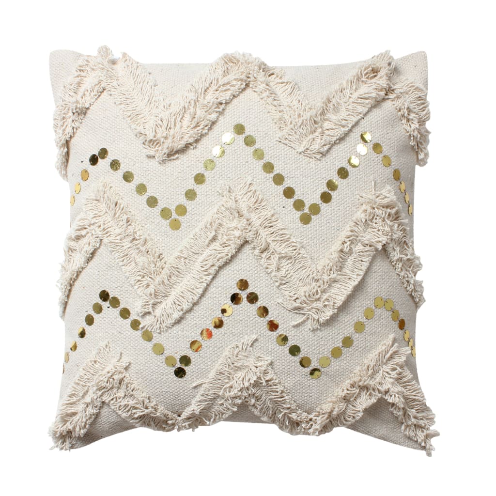 18 x 18 Square Polycotton Handwoven Accent Throw Pillow, Fringed, Sequins, Chevron Design, Set of 2, Off White By The Urban Port