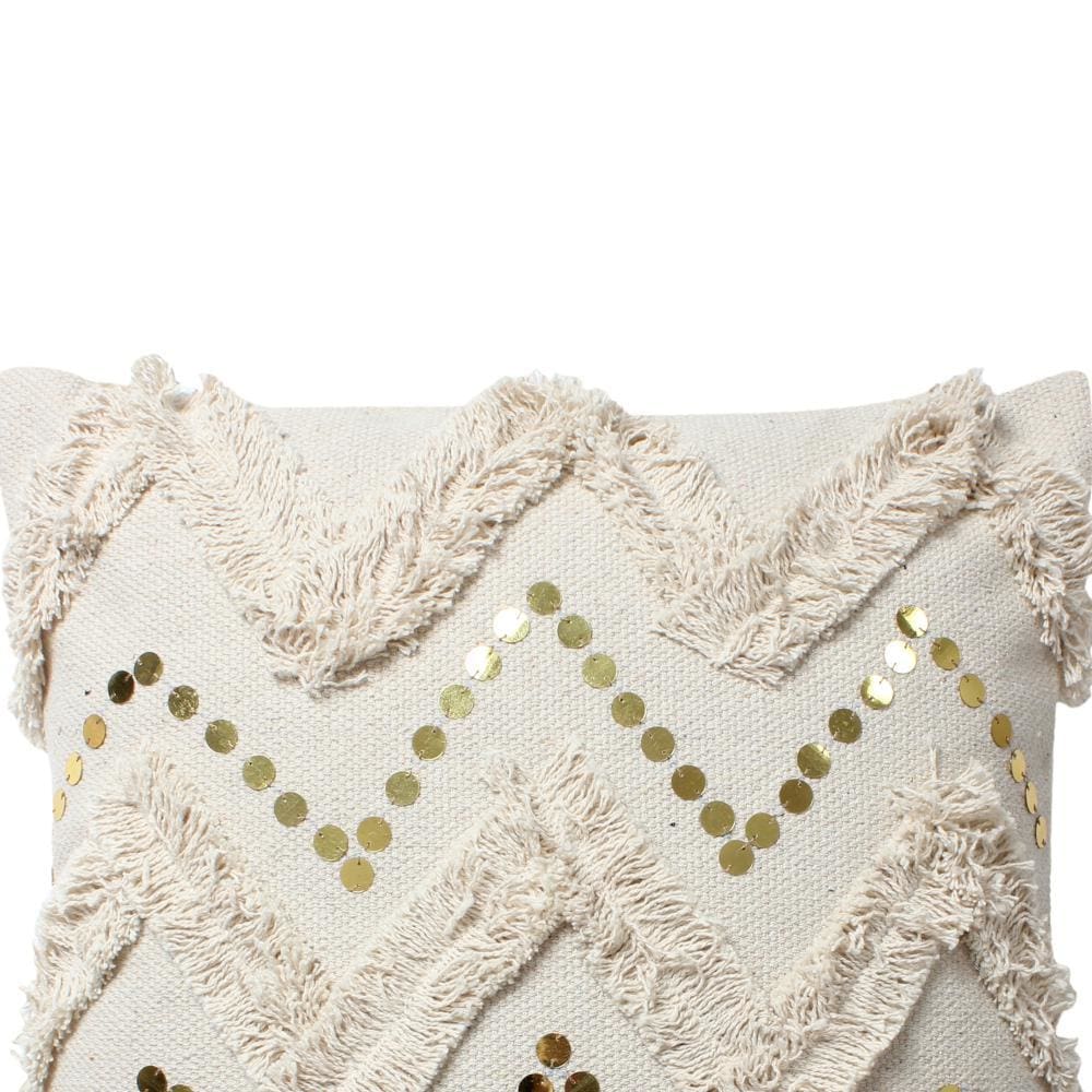 18 x 18 Square Polycotton Handwoven Accent Throw Pillow, Fringed, Sequins, Chevron Design, Set of 2, Off White By The Urban Port