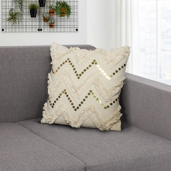 18 x 18 Square Polycotton Handwoven Accent Throw Pillow, Fringed, Sequins, Chevron Design, Set of 2, Off White By The Urban Port