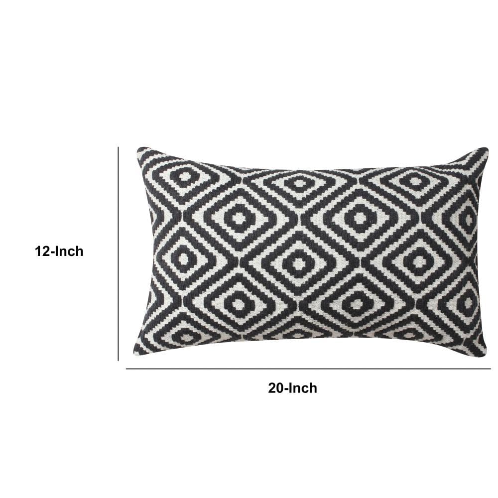 12 x 20 Rectangular Jacquard Cotton Accent Lumbar Pillow, Diamond Pattern, Black, White By The Urban Port