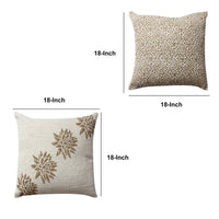 18 x 18 Square Cotton Accent Throw Pillow, Floral and Block Print Patterns, Set of 2, Gold, Off White By The Urban Port