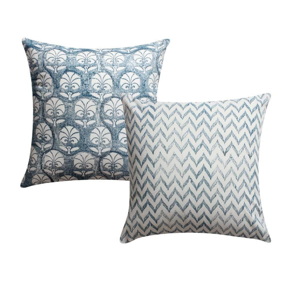 18 x 18 Square Cotton Accent Throw Pillow, Floral and Chevron Patterns, Set of 2, White, Blue By The Urban Port