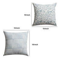 18 x 18 Square Cotton Accent Throw Pillow, Paisley Floral and Square Patterns, Set of 2, White, Blue By The Urban Port