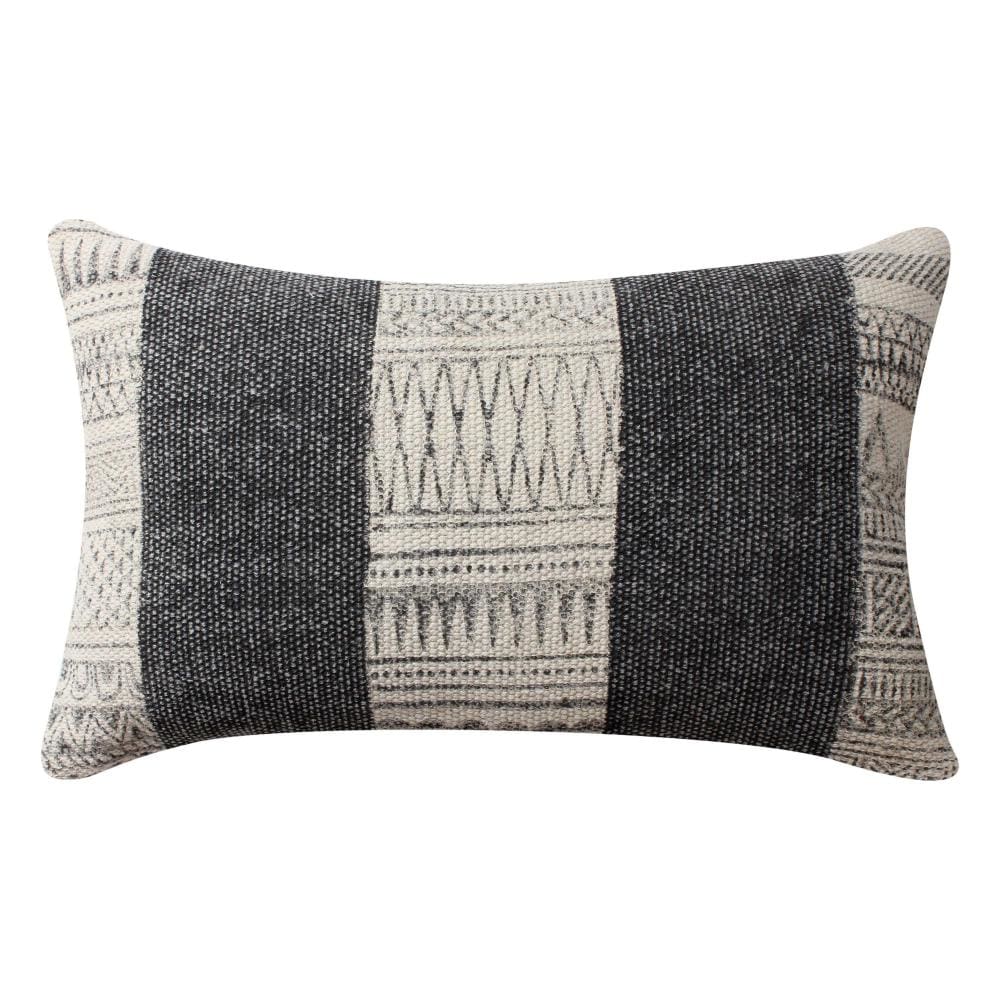 12 x 20 Rectangular Soft Cotton Dhurrie Accent Lumbar Throw Pillow, Kilim Pattern, Set of 2, Gray, White By The Urban Port