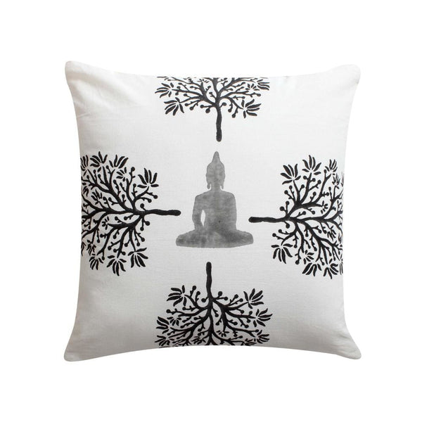 18 x 18 Square Cotton Accent Throw Pillow, Meditating Buddha, Tree Print, Set of 2, White, Black By The Urban Port