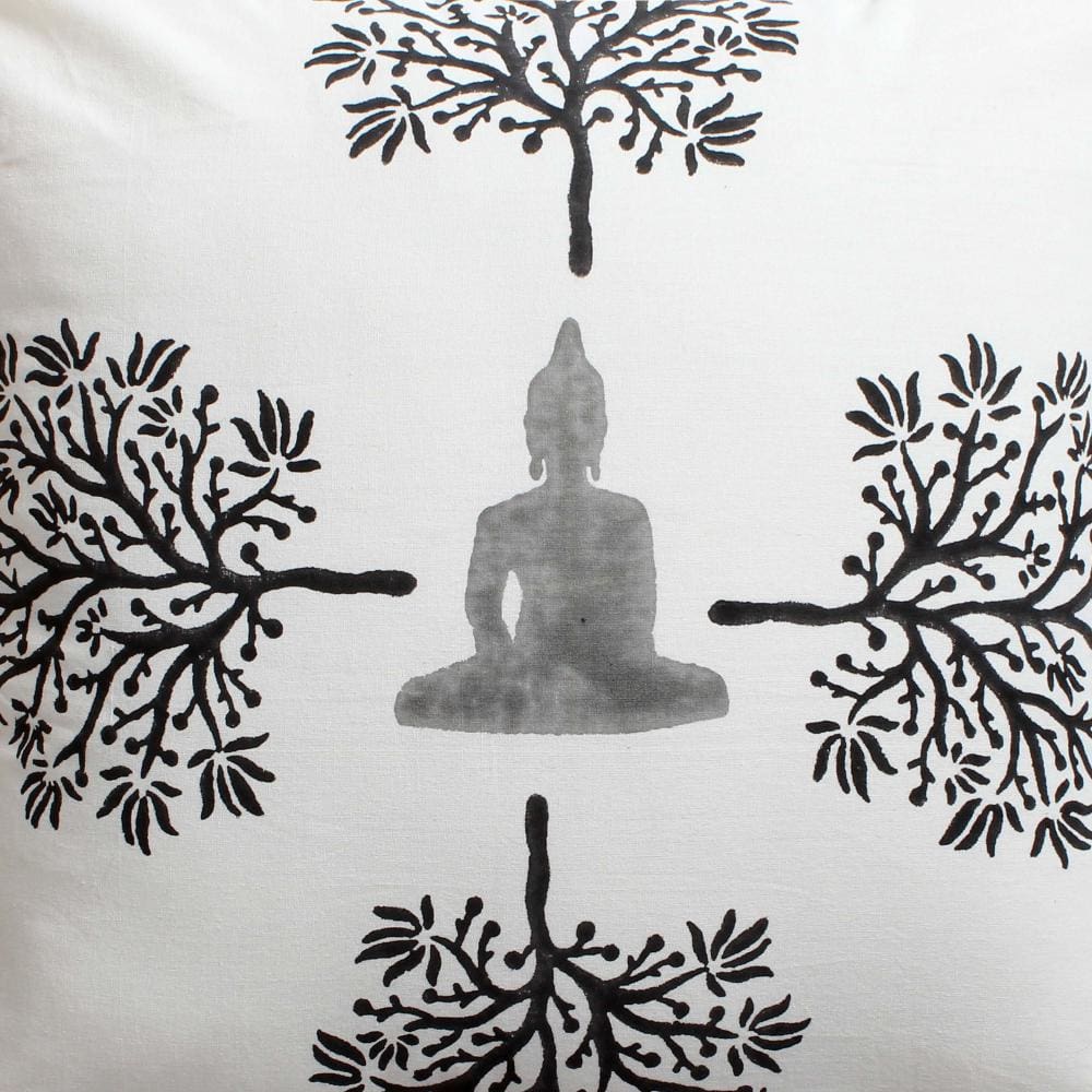 18 x 18 Square Cotton Accent Throw Pillow, Meditating Buddha, Tree Print, Set of 2, White, Black By The Urban Port