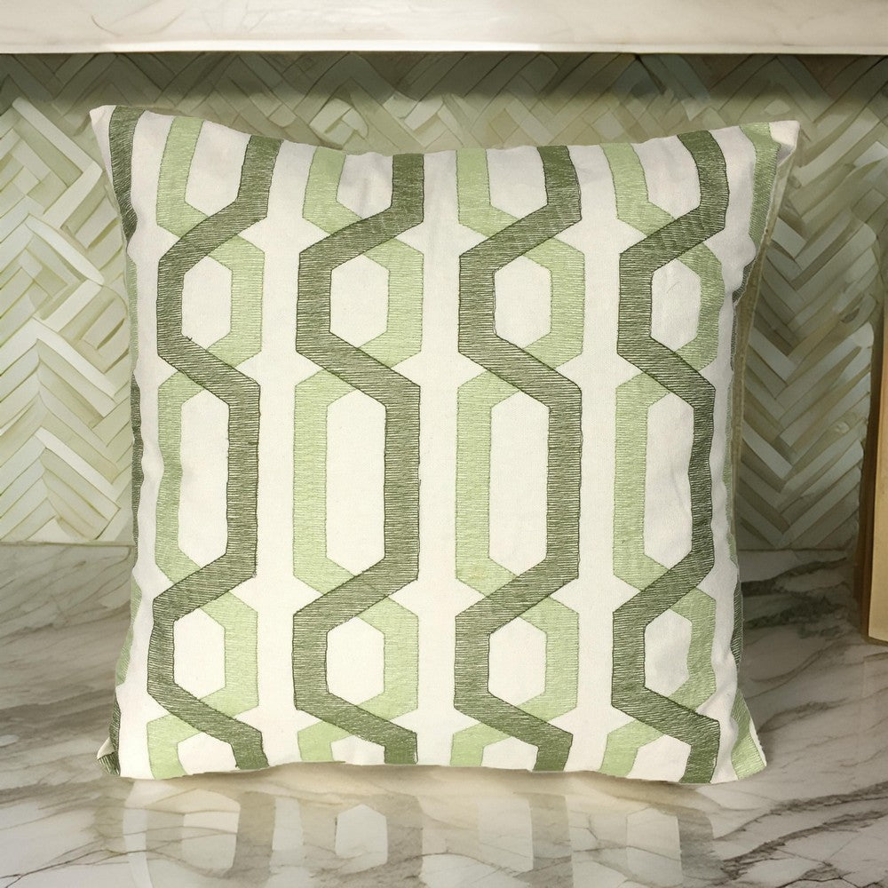 Contemporary Cotton Pillow with Geometric Embroidery, White and Green - BM200583 By Casagear Home