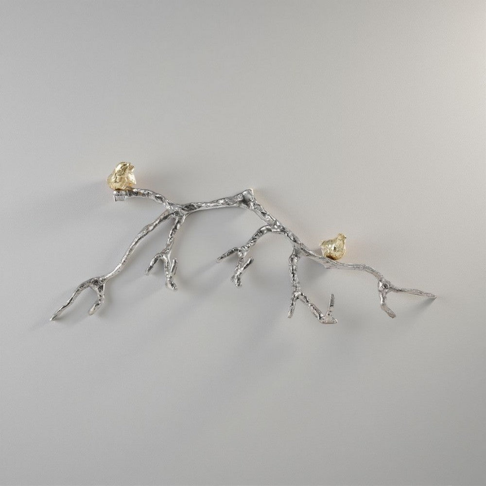 Decorative Wall Hook Branch Shaped with Birds Apogee, Silver and Gold - BM200603
