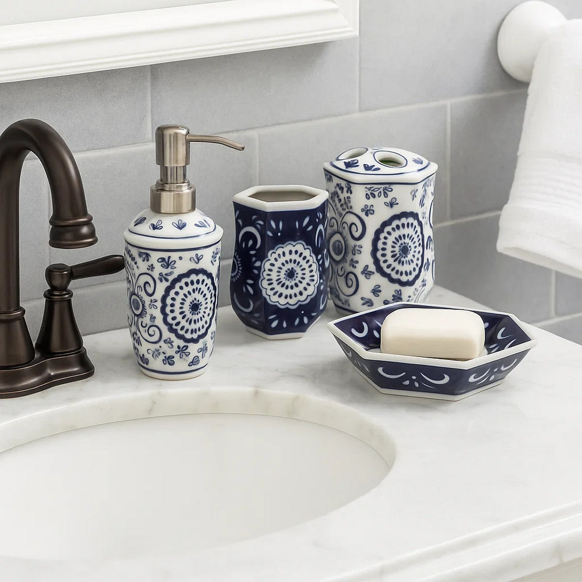 Elegantly Crafted Bath Accessories, Set of 4, Blue and White - BM200607