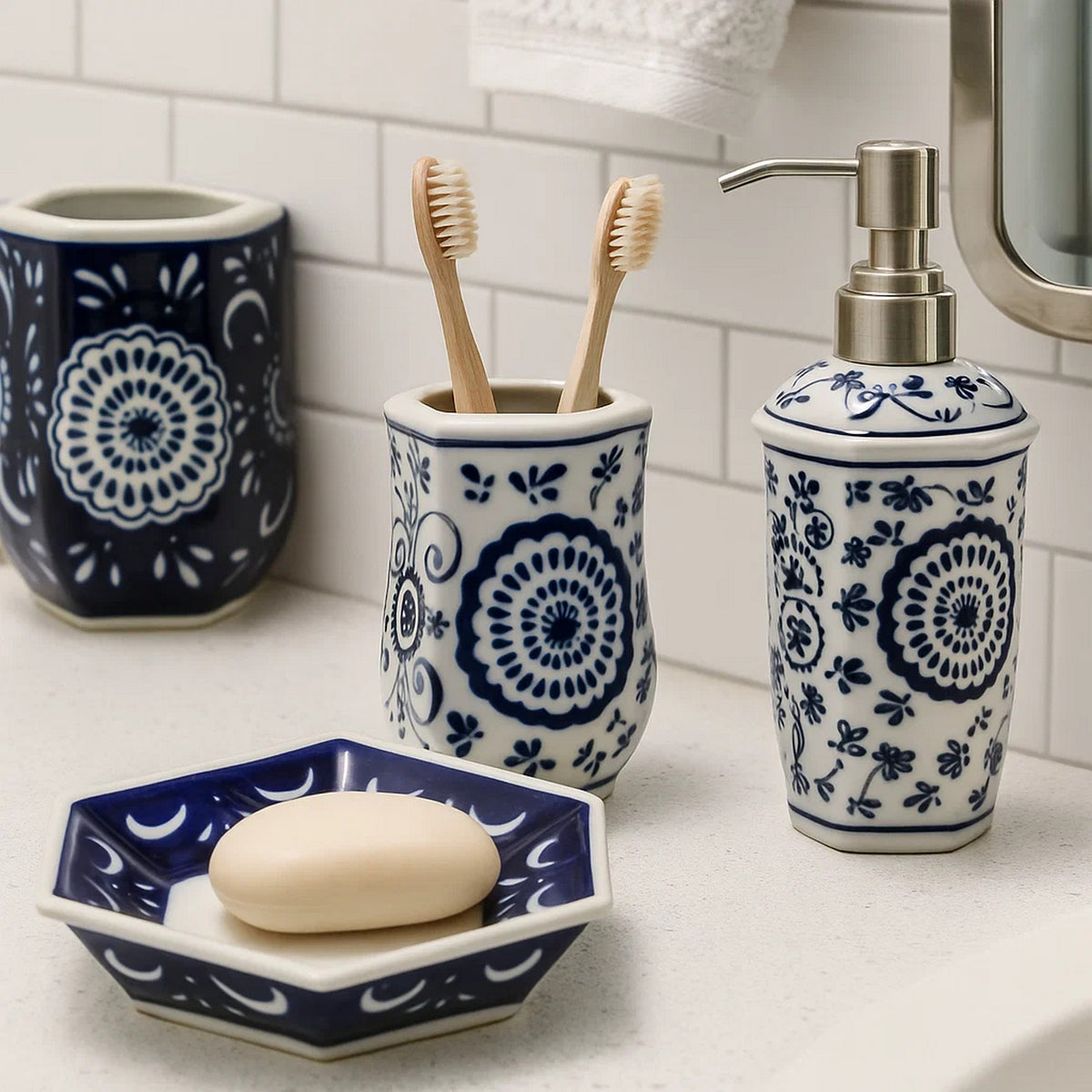 Elegantly Crafted Bath Accessories, Set of 4, Blue and White - BM200607