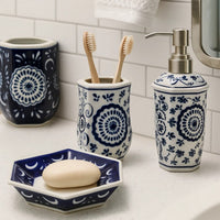 Elegantly Crafted Bath Accessories, Set of 4, Blue and White - BM200607
