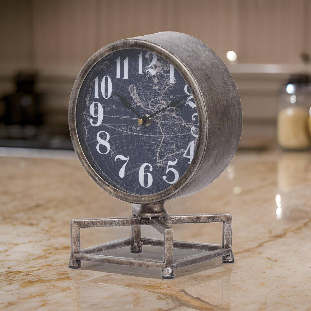 Metal Table Clock with Map Theme Background and Geometric Base, Gray - BM200646