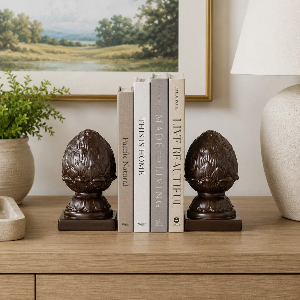 Ceramic Artichoke Bookends on Square Base, Pair of 2, Brown - BM200648
