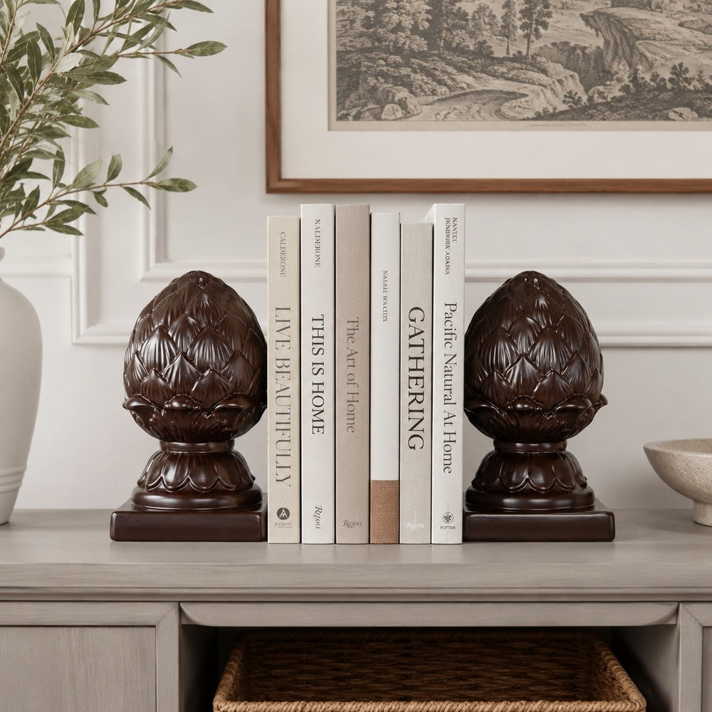 Ceramic Artichoke Bookends on Square Base, Pair of 2, Brown - BM200648