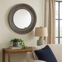 Round Wall Mirror with Thick Embossed Metal Border, Antique Gray - BM200655