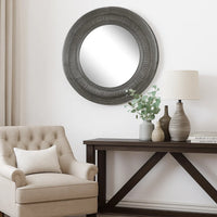 Round Wall Mirror with Thick Embossed Metal Border, Antique Gray - BM200655