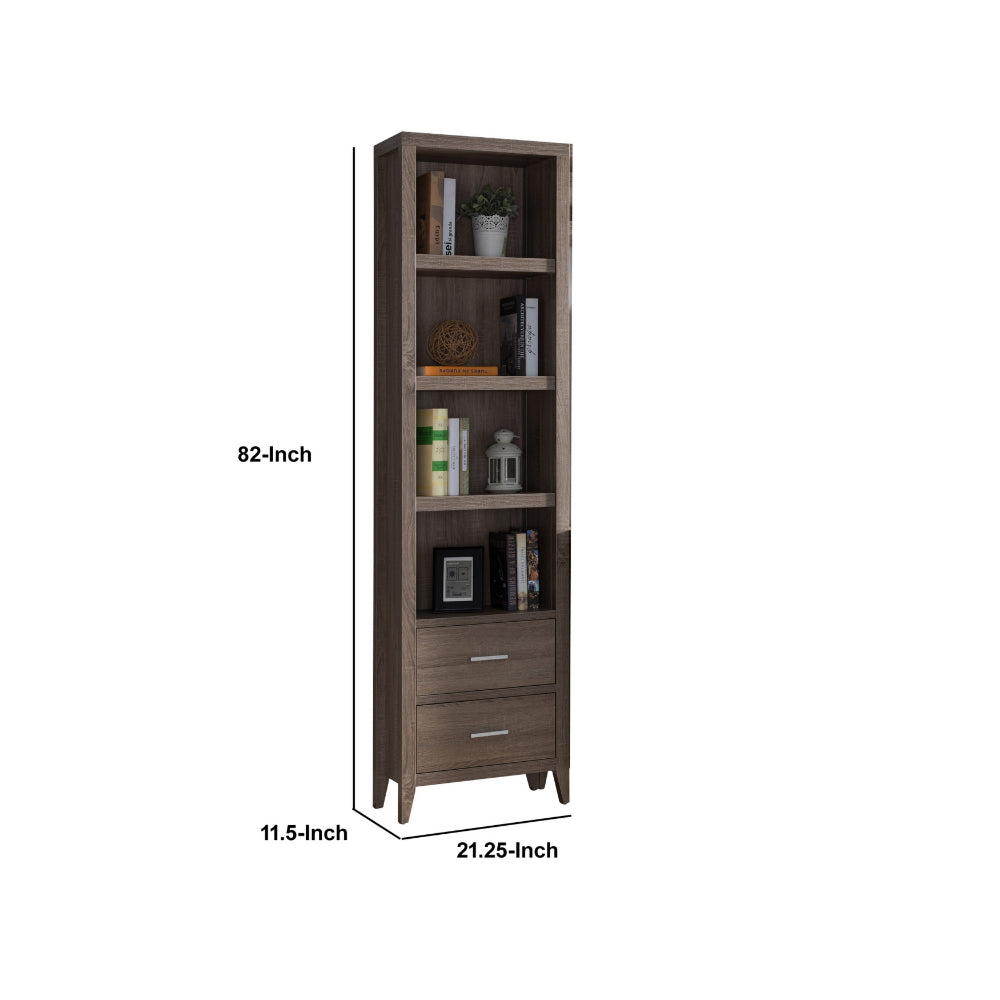 Wooden Media Tower with Four Open Shelves and Two Drawers, Dark Taupe Brown - BM200666