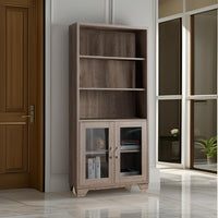 Wooden Book Cabinet with Three Display Shelves and Two Glass Doors, Taupe Brown - BM200680