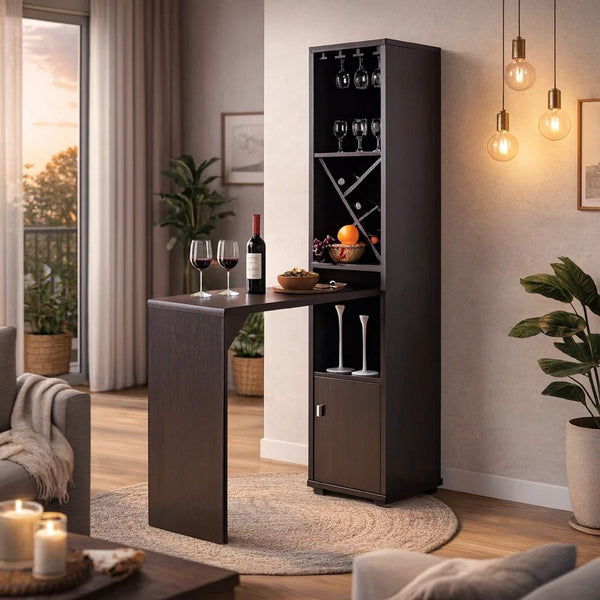 Wooden Wine Cabinet with Spacious Storage and Bar Table, Red Cocoa Brown - BM200684