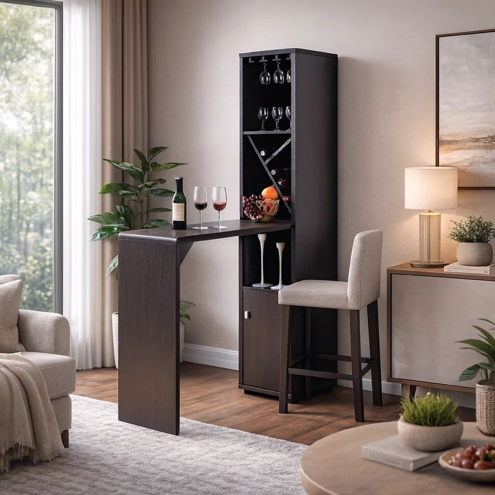 Wooden Wine Cabinet with Spacious Storage and Bar Table, Red Cocoa Brown - BM200684